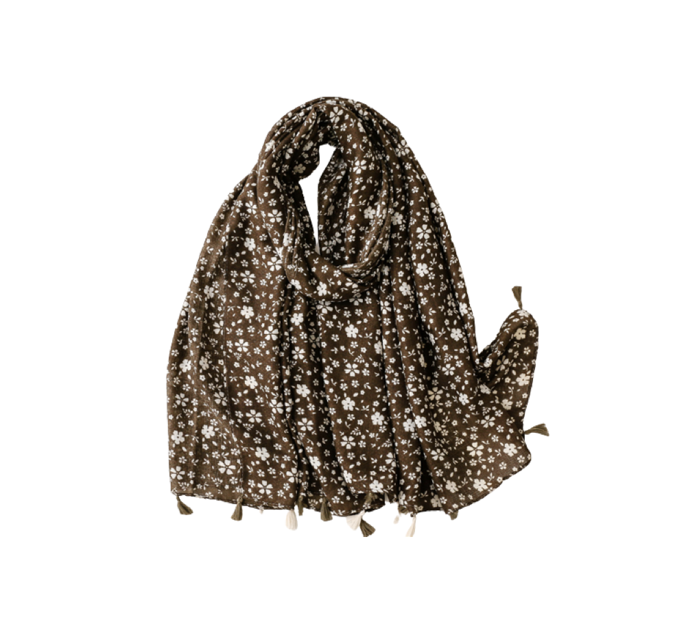 Brown dainty flower scarf with tassels - Don't AsK