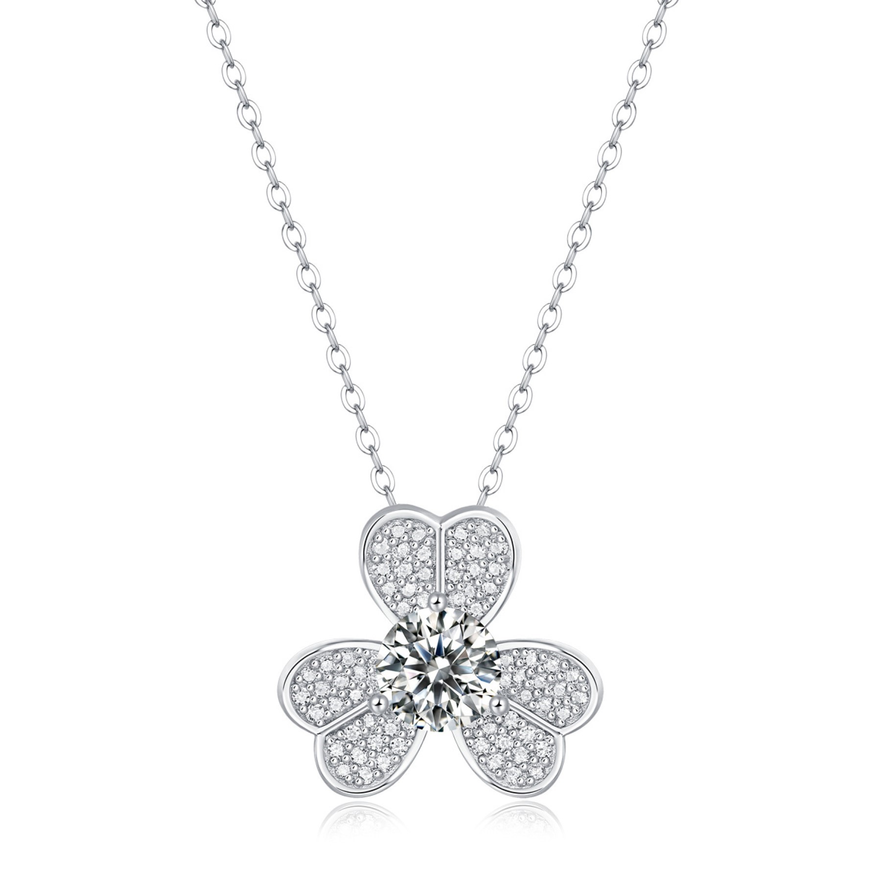 SV Sterling Silver 1ctw Lab Created Moissanite Fr Pave Blooming Flower Solitaire Pendant Necklace