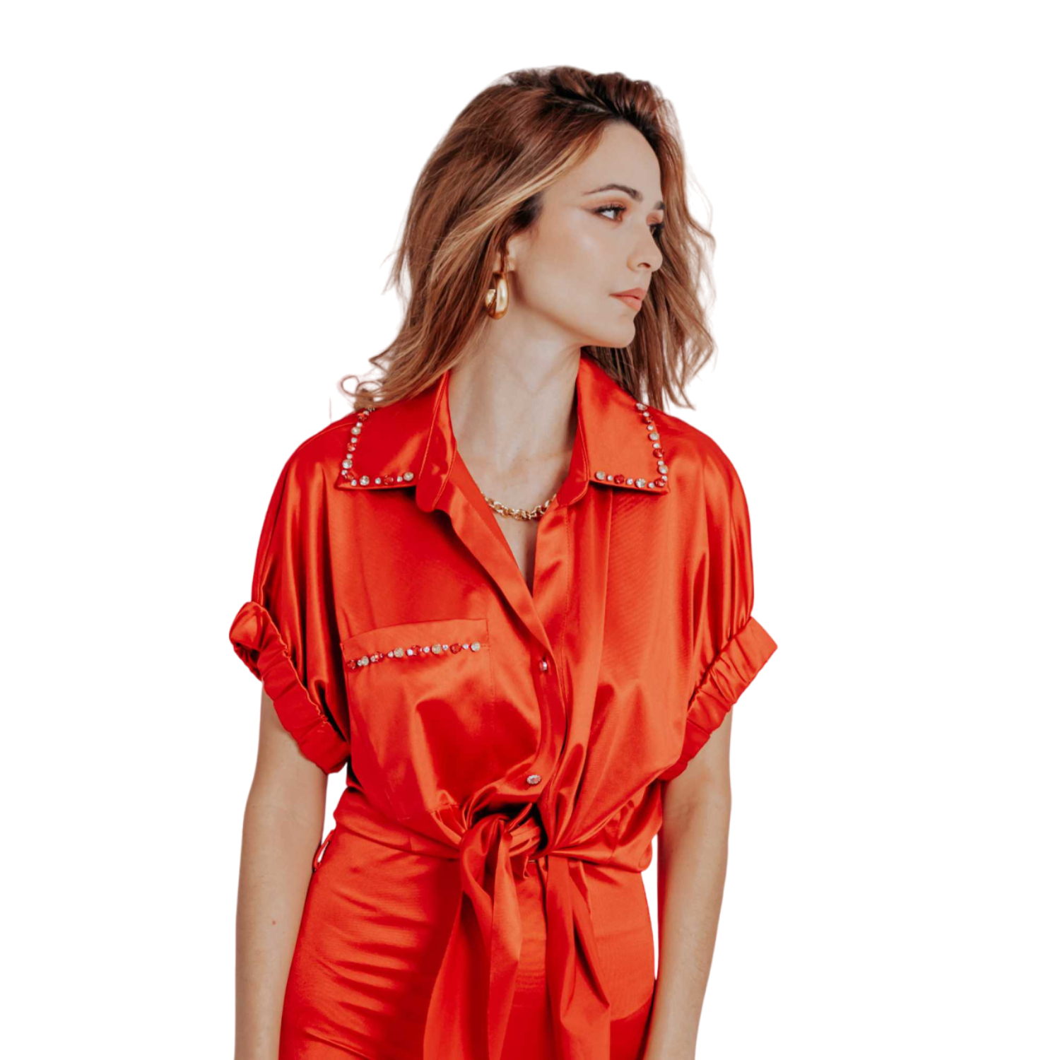 Akalia Rosie Tie Front Satin Shirt