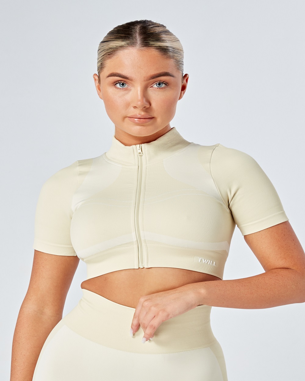Twill Active - Recycled Colour Block Zip-up Crop Top - Stone