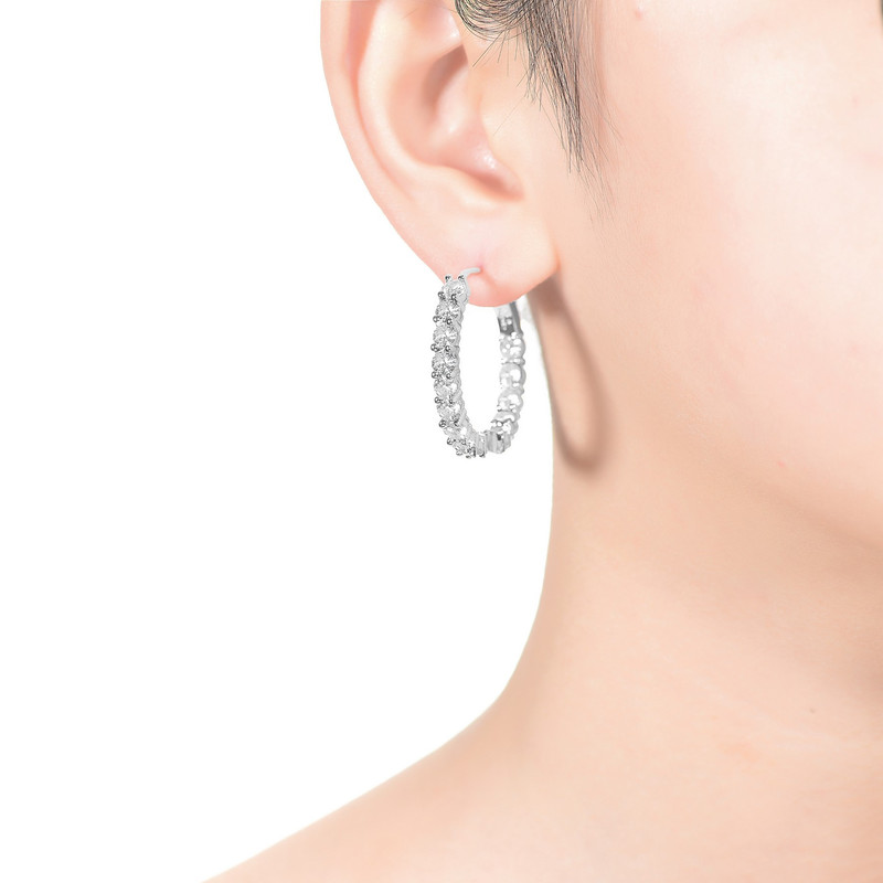 White Gold Plating with Clear Cubic Zirconia Inside Out Hoop Earrings