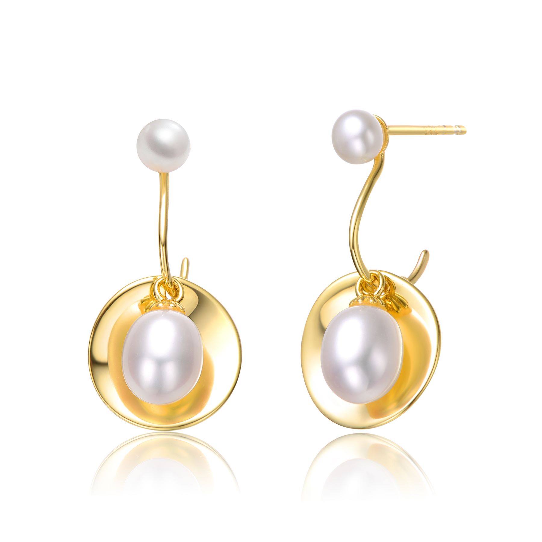 Sterling Silver 14k Yellow Gold Plated with White Pearl Double Drop Seashell Dangle Earrings