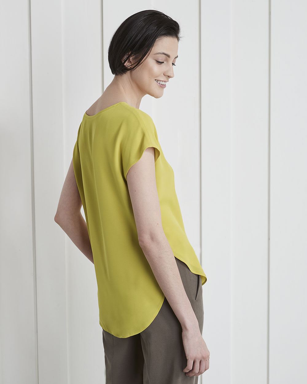 Oversized Silky Crepe Crew-Neck Short Sleeve Blouse