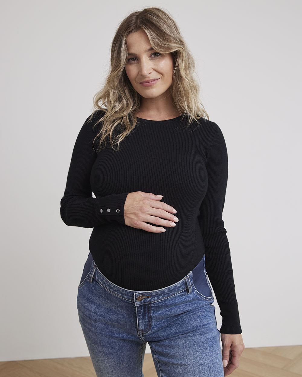 Long-Sleeve Ribbed Sweater with Boat Neckline - Thyme Maternity