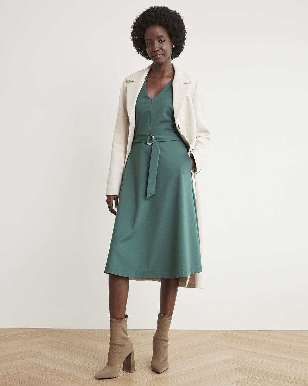 Sleeveless Fit and Flare Dress with V Neckline