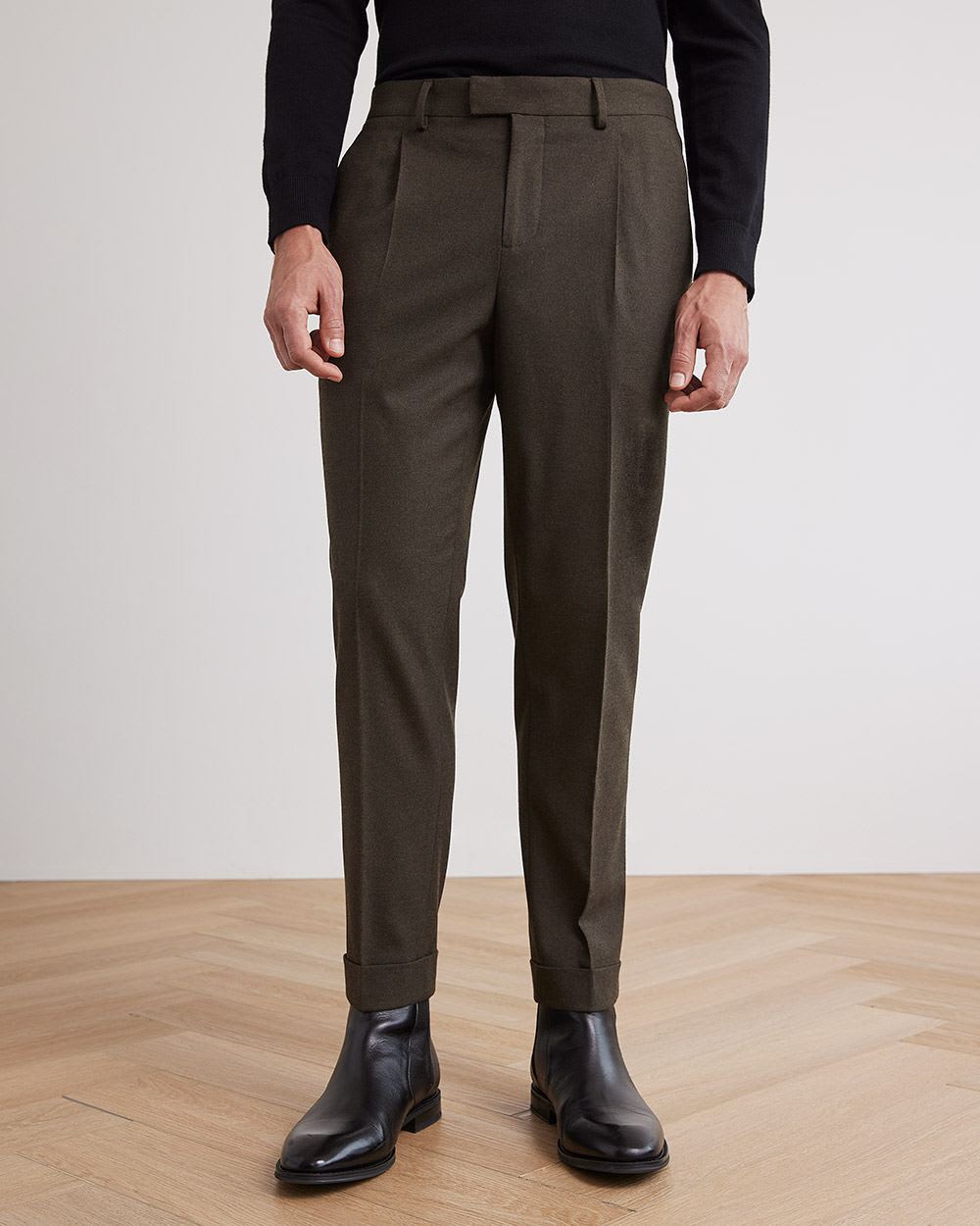 Dark Brown Pleated Tapered-Leg Suit Pant