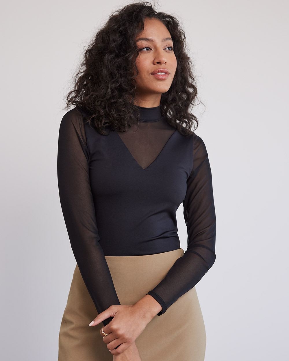 Sheer-Long-Sleeve Mock-Neck Tee