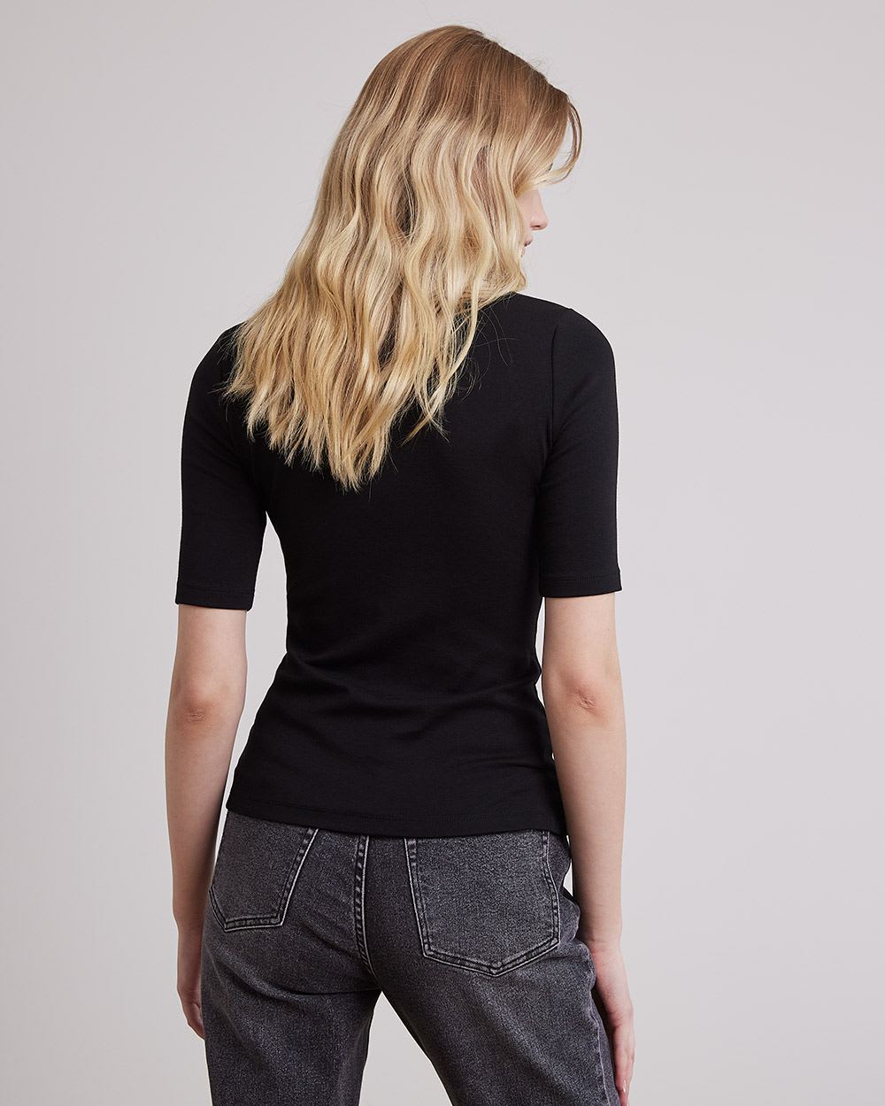 Elbow-Sleeve Crew-Neck Fitted Ribbed Tee