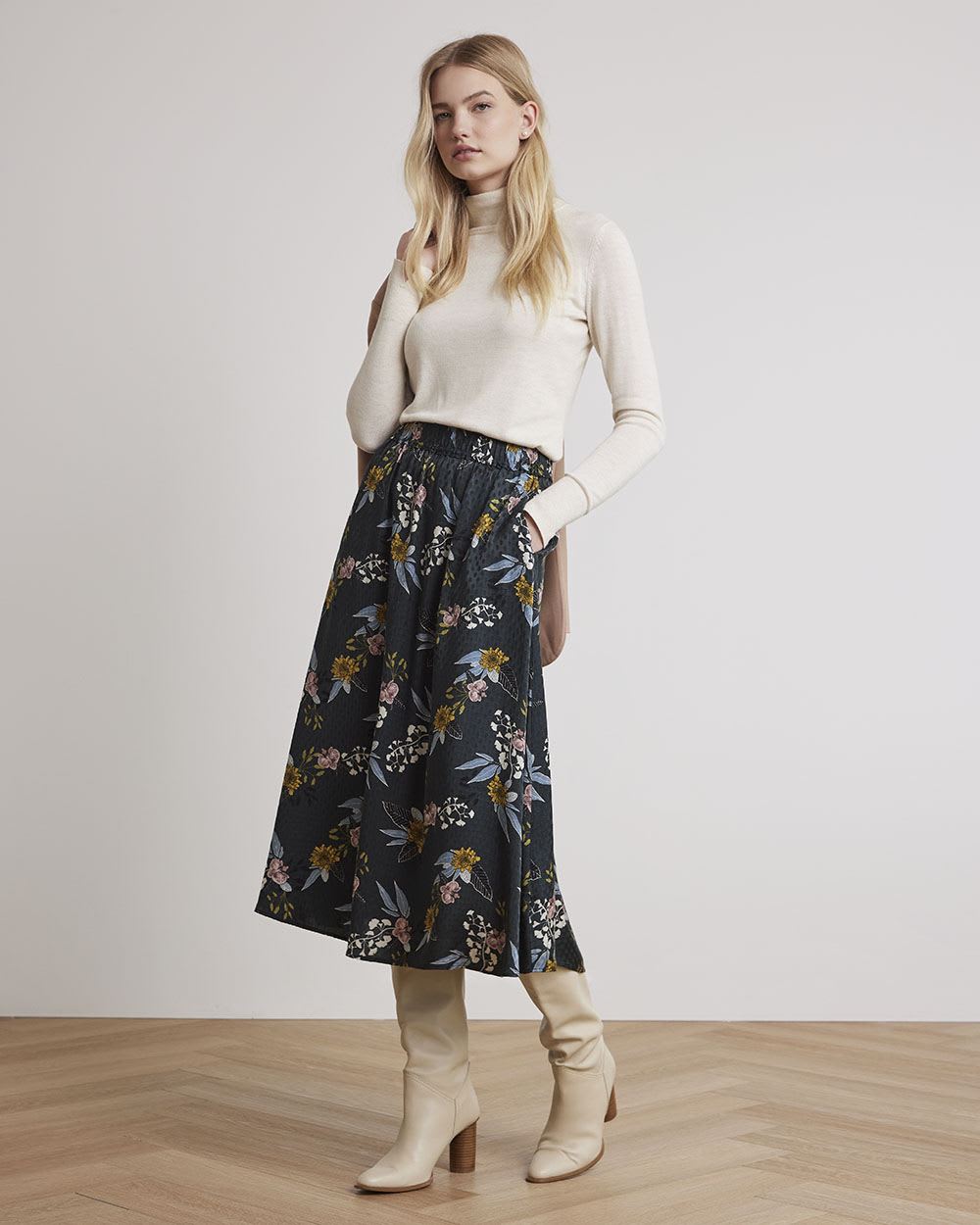 Floral High-Waisted Flare Midi Skirt
