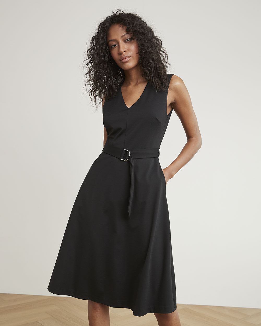Sleeveless Fit and Flare Dress with V Neckline