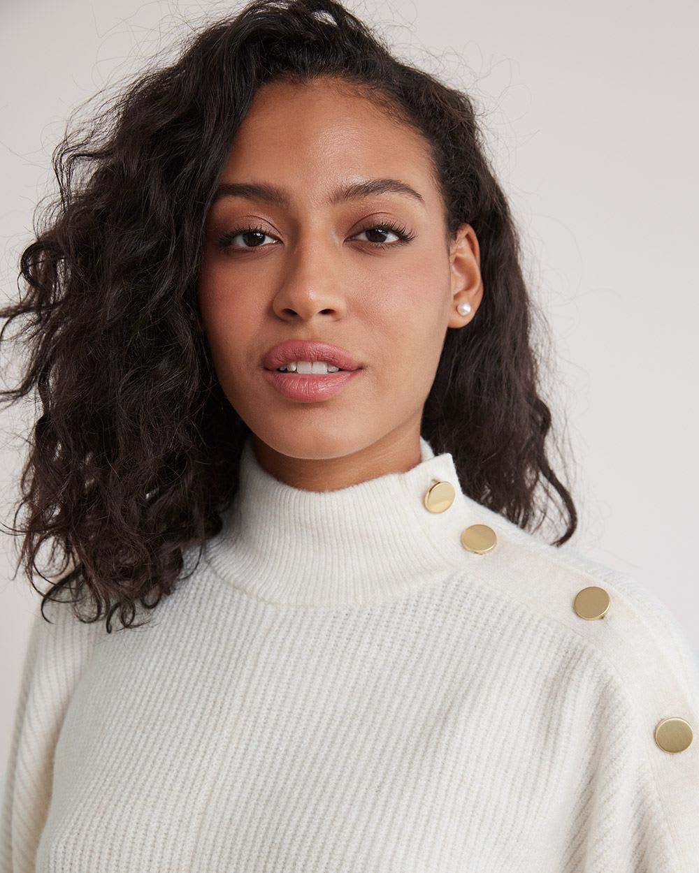 Long-Sleeve Mock-Neck Sweater with Buttons at Shoulder