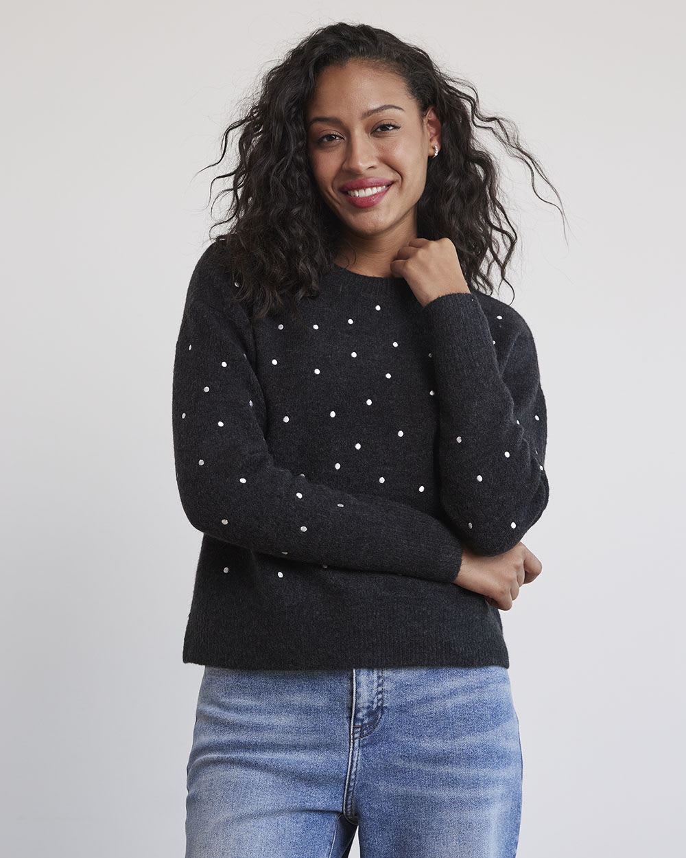 Long-Sleeve Crew-Neck Sweater with Embroidered Pattern