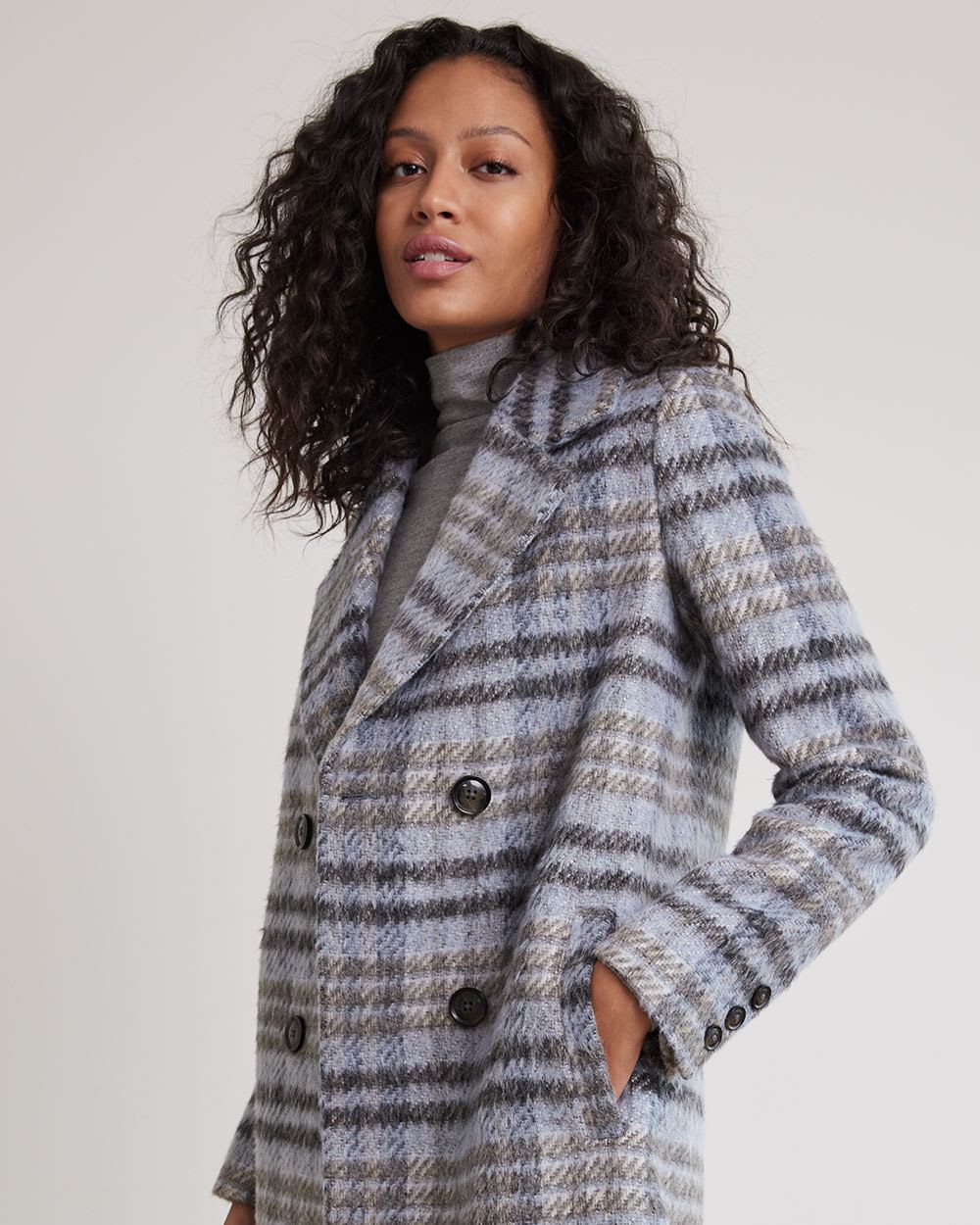 Double-Breasted Plaid Wool Coat