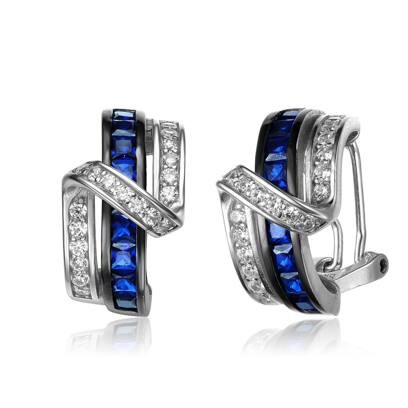 Sterling Silver White Gold Plated with Colored Cubic Zirconia Zig-Zag Designed Omega Clasp Half Hoop Earrings