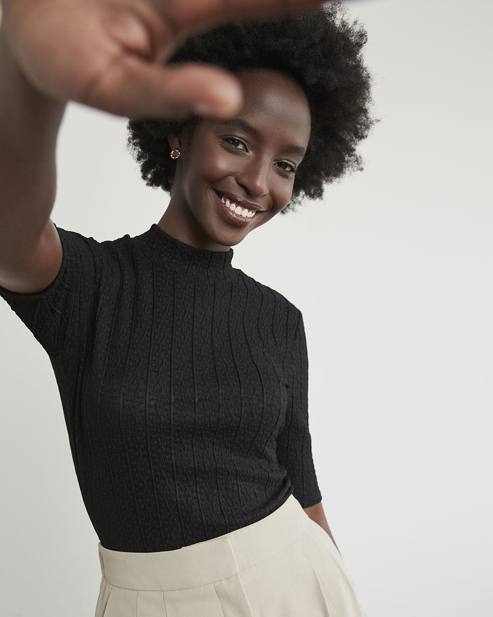 Elbow-Sleeve Sheer Lace Tee with Mock Neckline