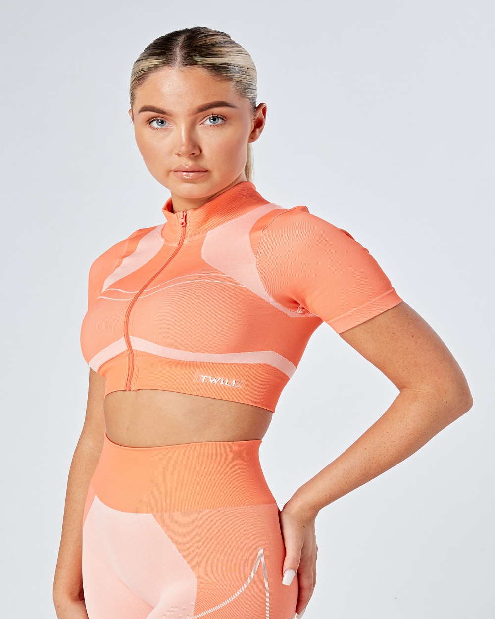Twill Active - Recycled Colour Block Zip-up Crop Top - Coral