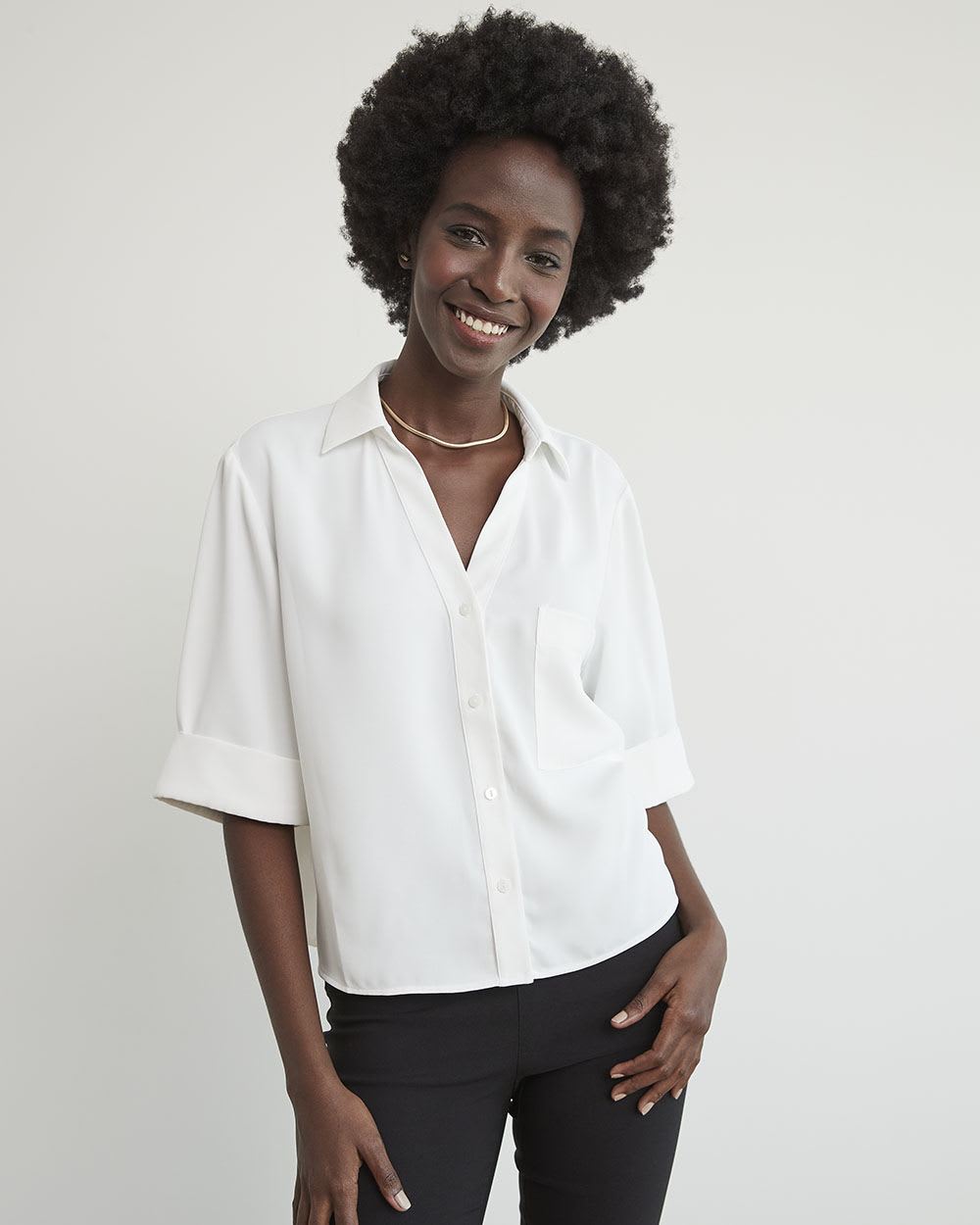 Soft Crepe Buttondown Blouse with Roll-Up Sleeves and Pocket