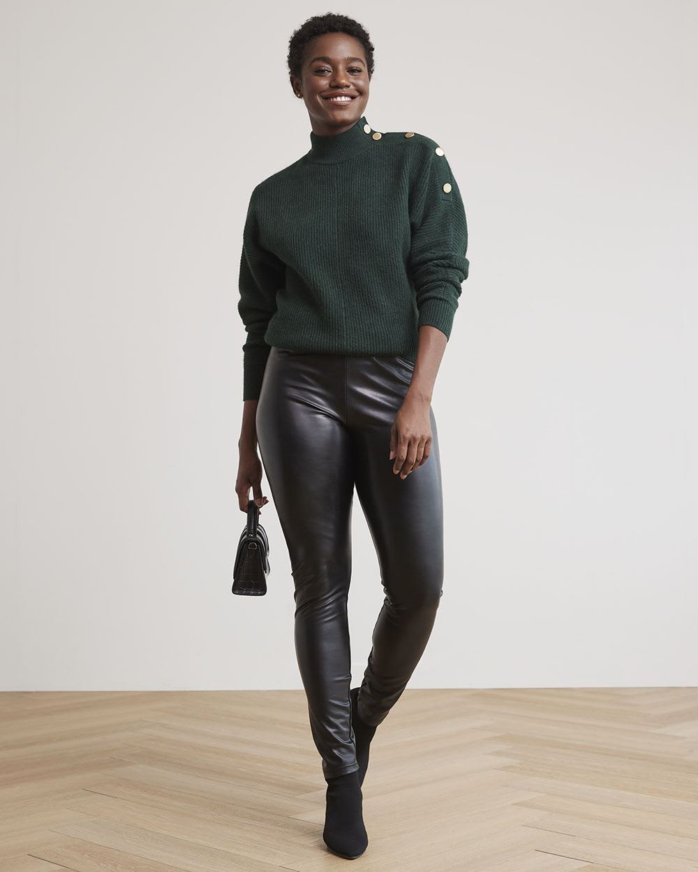 Long-Sleeve Mock-Neck Sweater with Buttons at Shoulder