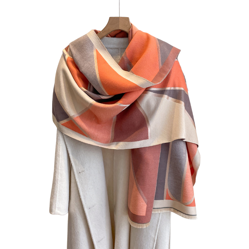Beige, Grey & Orange Colored Blocked Fringe-Trimmed Scarf- Don't AsK