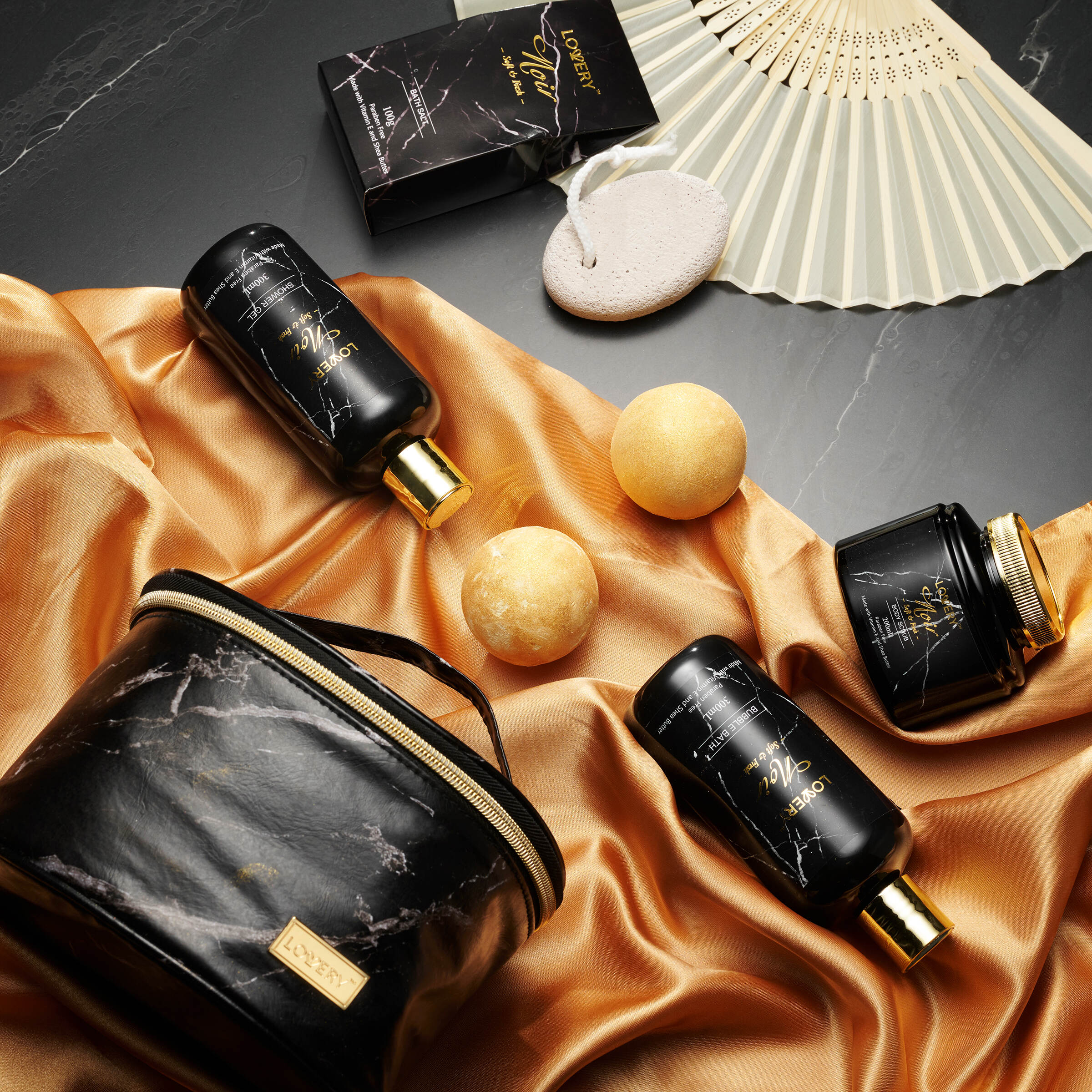 Lovery Deluxe Noir Bath And Body Kit With 24 Karate Gold Bath Bombs - Relaxing Spa Bag