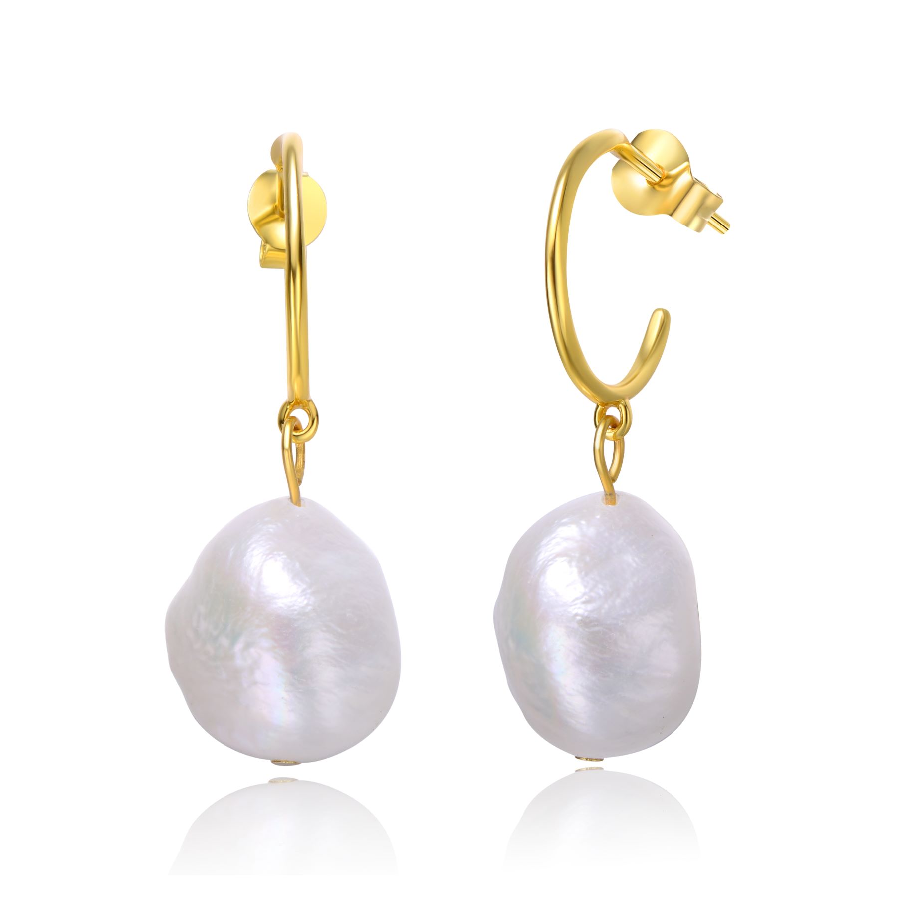 Sterling Silver 14k Yellow Gold Plated with Baroque Oval White Pearl Dangle Drop C-Hoop Earrings