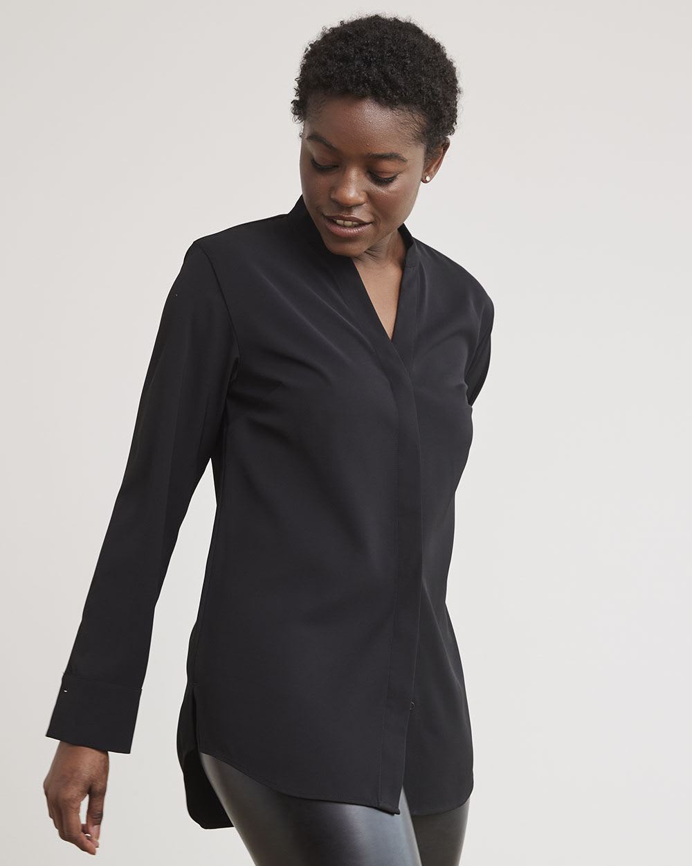 Long-Sleeve V-Neck Crepe Popover Blouse