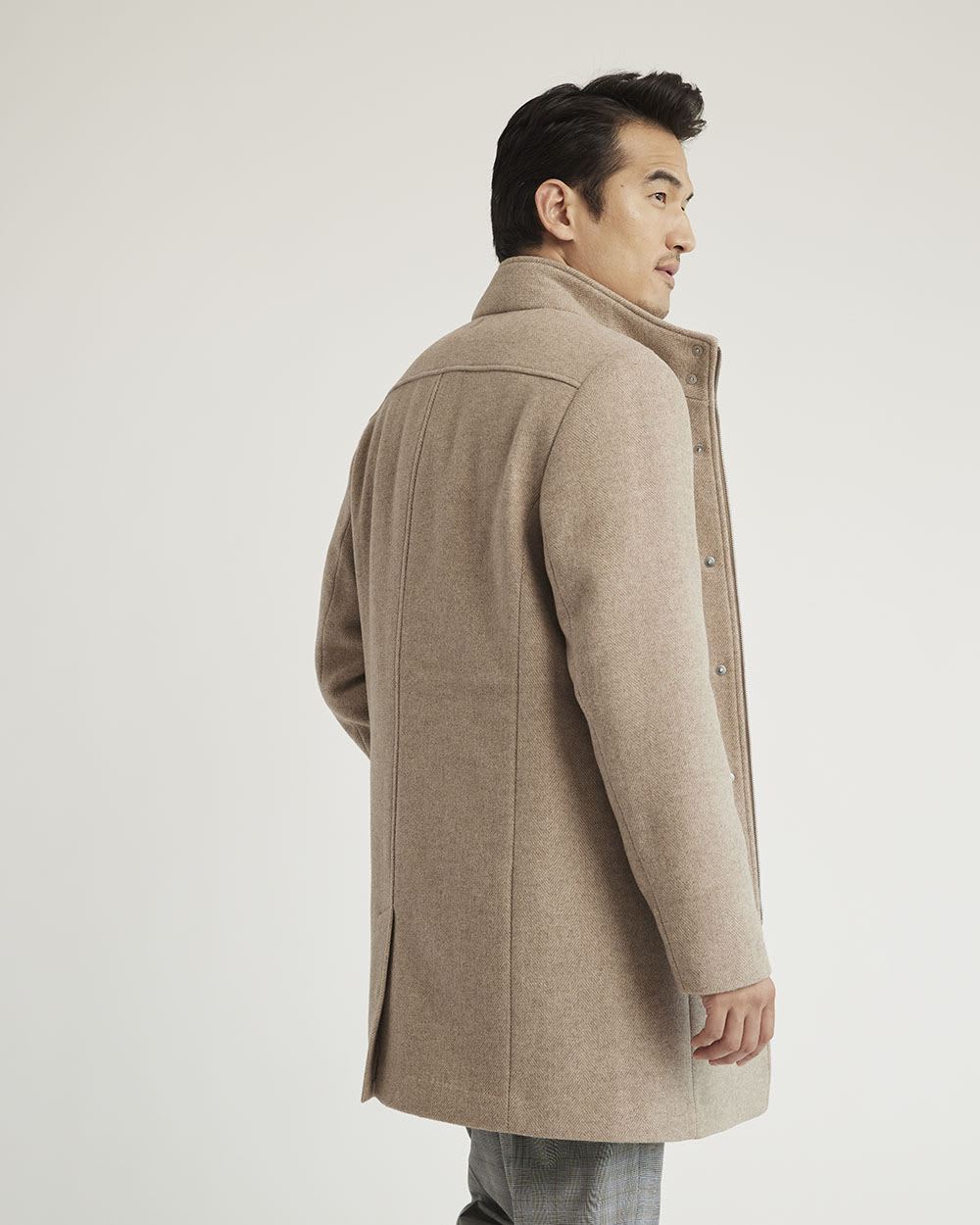 Classic Herringbone Wool Coat with Mock Neckline