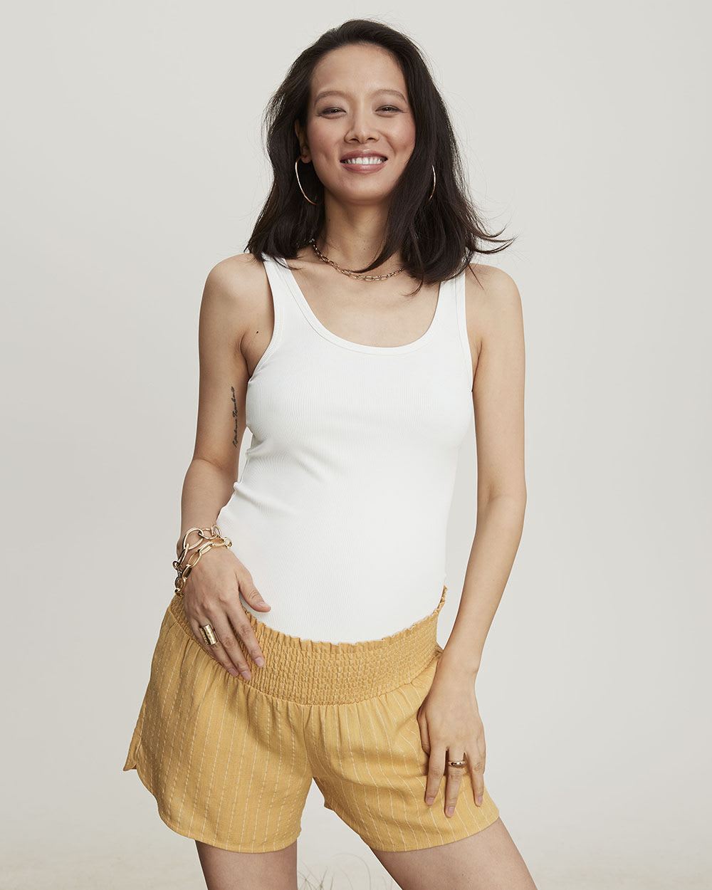 Striped Linen Blend Smocked Pull-On Short - Thyme Maternity