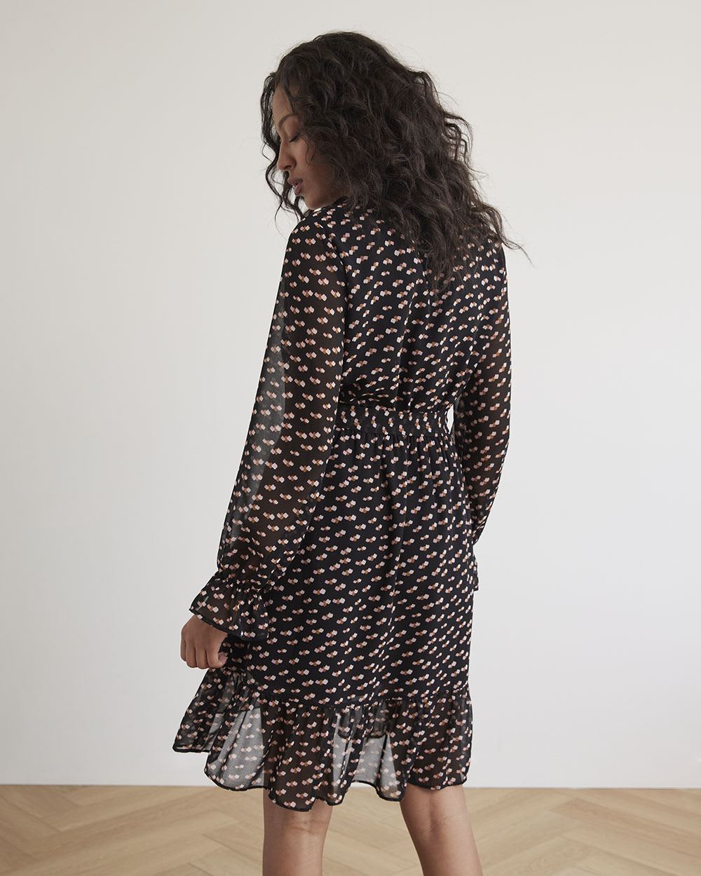 Long-Sleeve Fit and Flare Dress with Sash and High-Low Hem