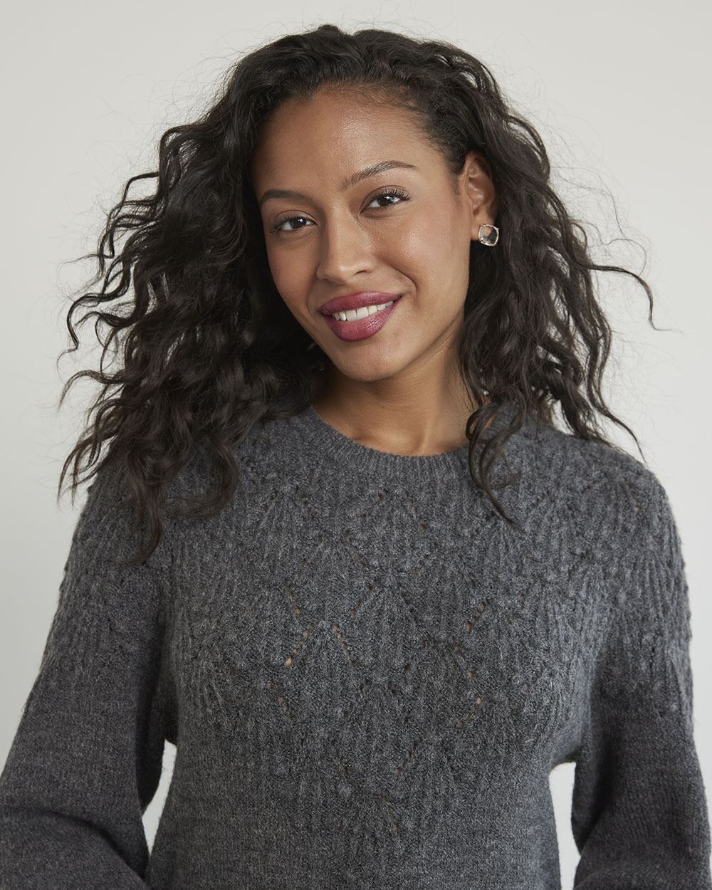 Long-Sleeve Crew-Neck Dress with Pompom Stitches