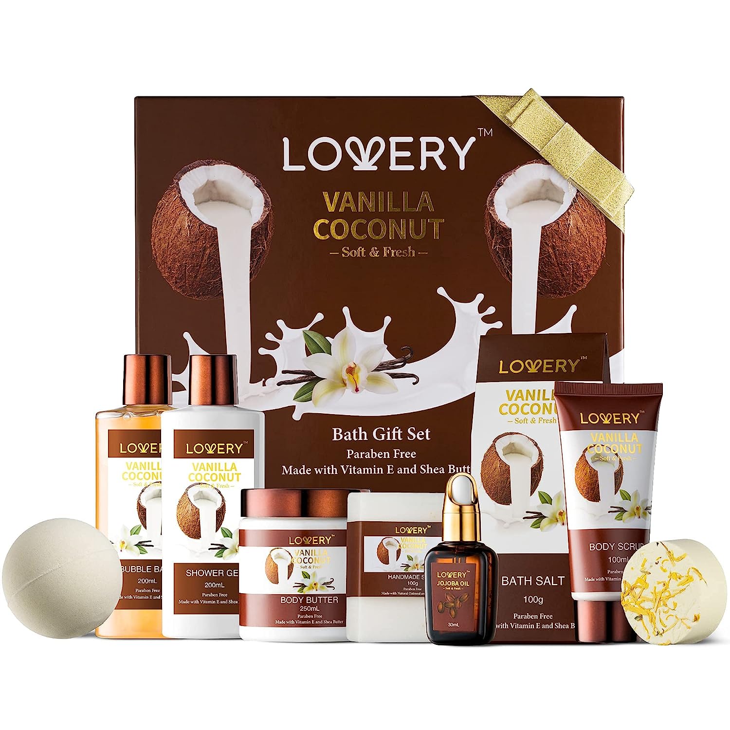 Lovery Bath & Body Gift Set For Women & Men – 10 Piece Set Of Vanilla Coconut Home Spa Set
