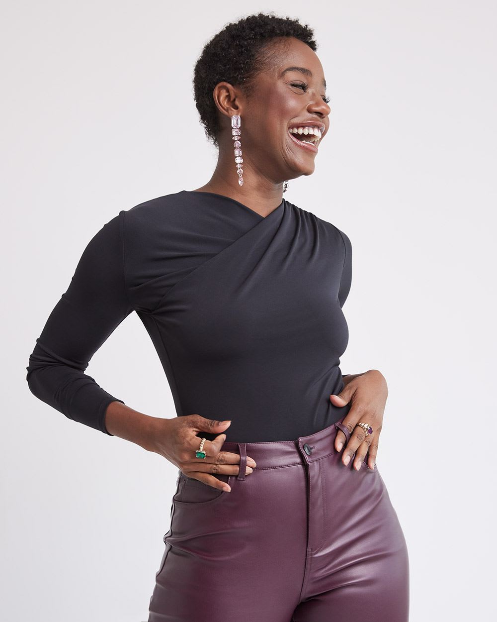 Long-Sleeve Top with Asymmetrical Draped Neckline