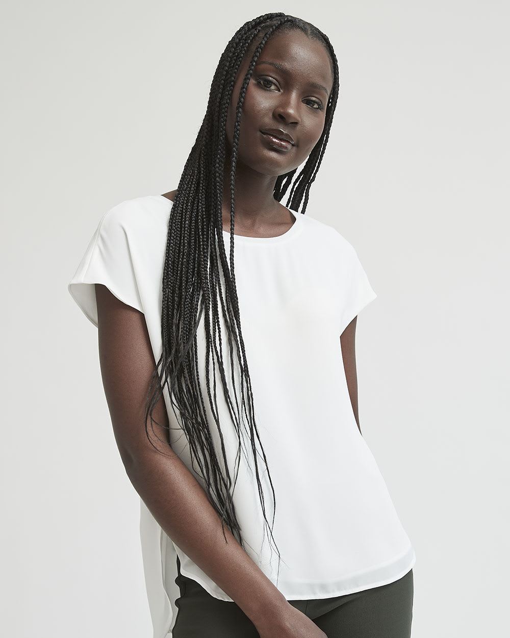 Oversized Silky Crepe Crew-Neck Short Sleeve Blouse