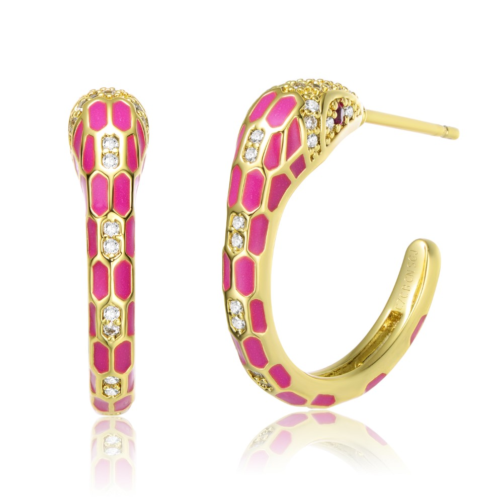 RG 14k Yellow Gold Plated with Cubic Zirconia Pink Enamel Python Snake C-Hoop Earrings