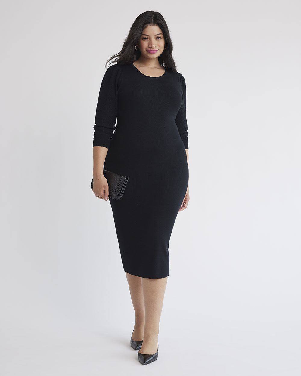 Fitted Elbow-Sleeve Midi Dress with Back Cut Out