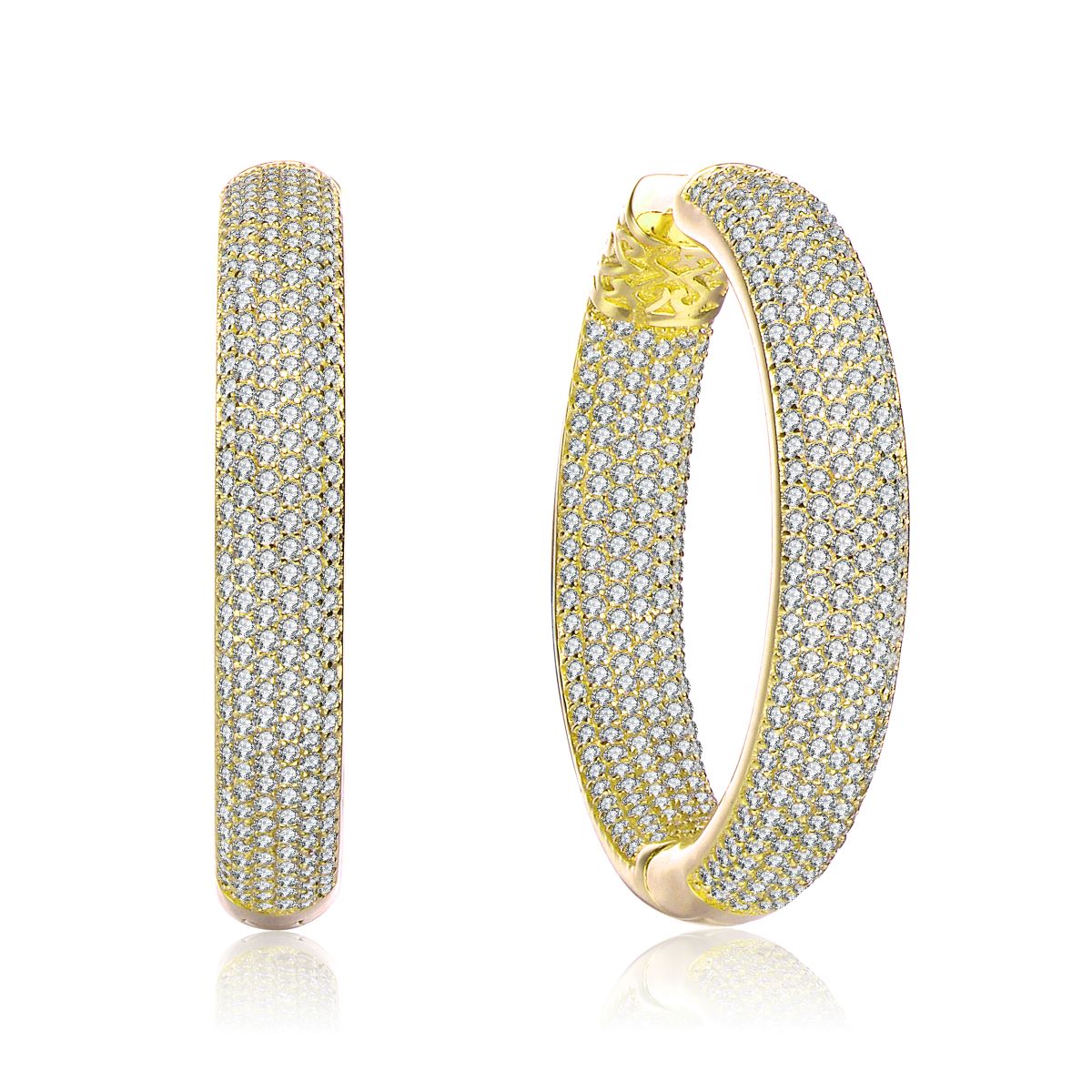 Genevive Sterling Silver white or 14k Yellow Gold Plated with Cubic Zirconia 10-Row French Pave Inside Out Large Tubular Hoop Earrings