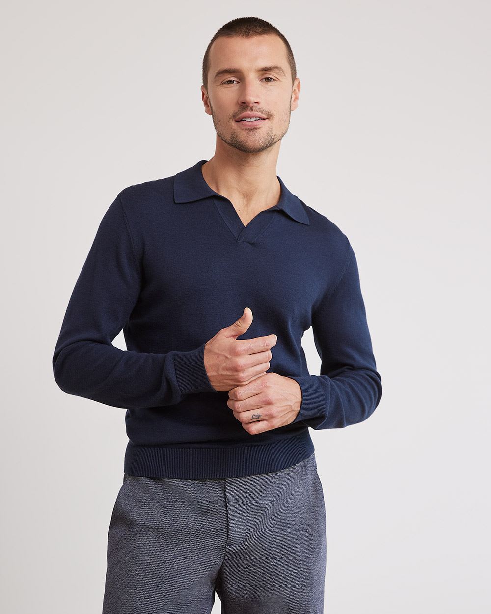 Long-Sleeve Cotton Polo with Johnny Collar