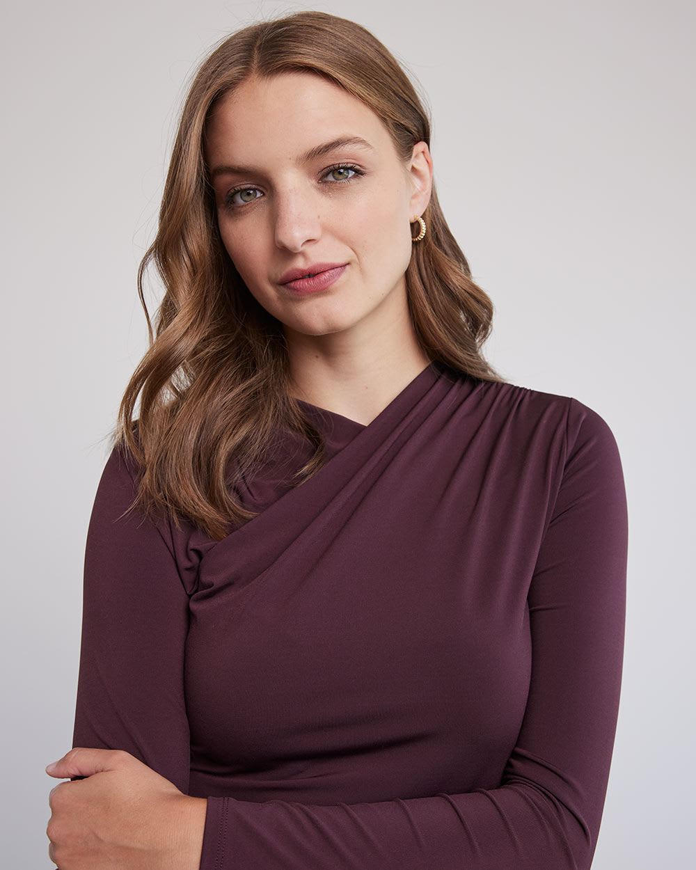 Long-Sleeve Top with Asymmetrical Draped Neckline