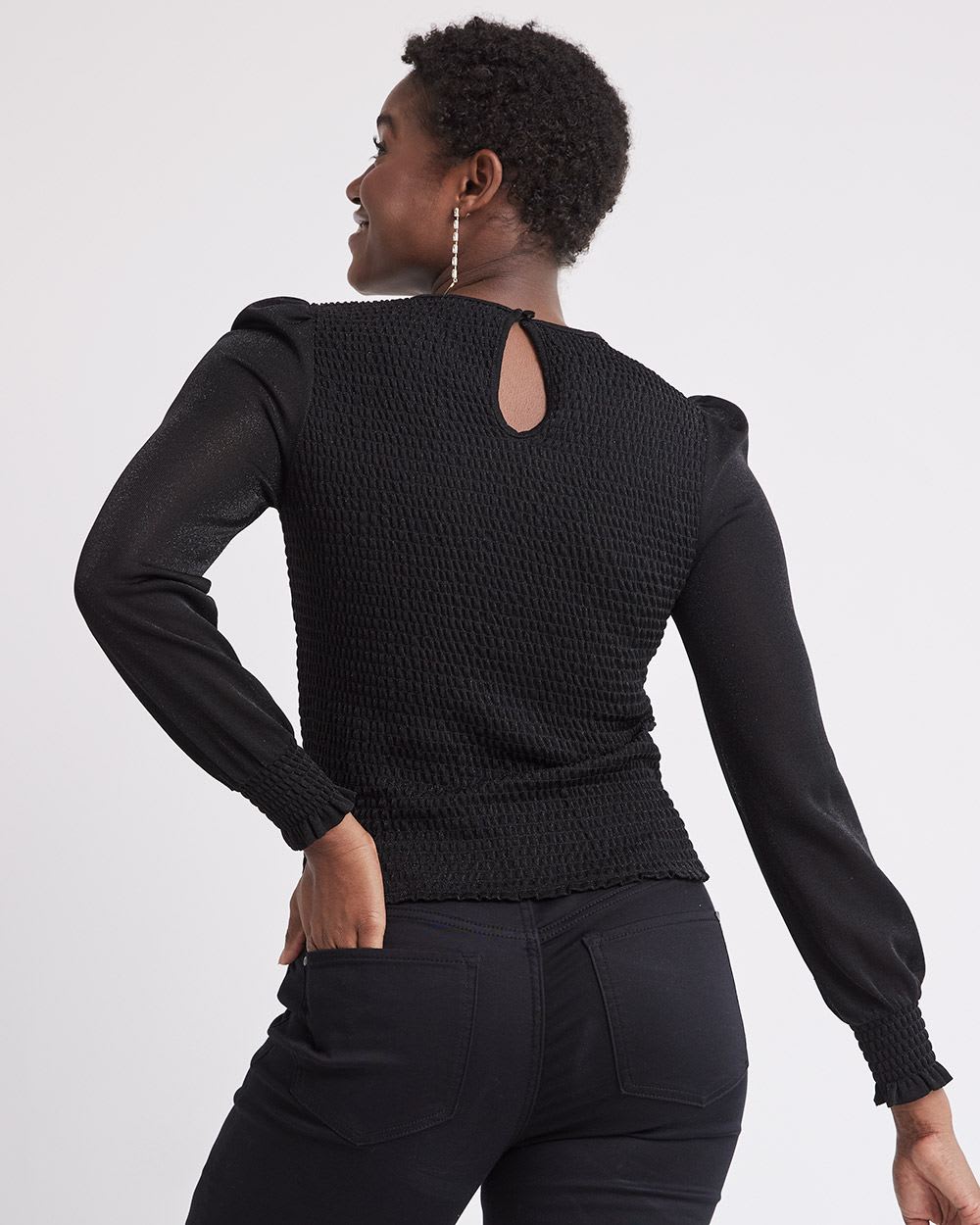 Long-Puffy-Sleeve Smocked Tee with Crew Neckline