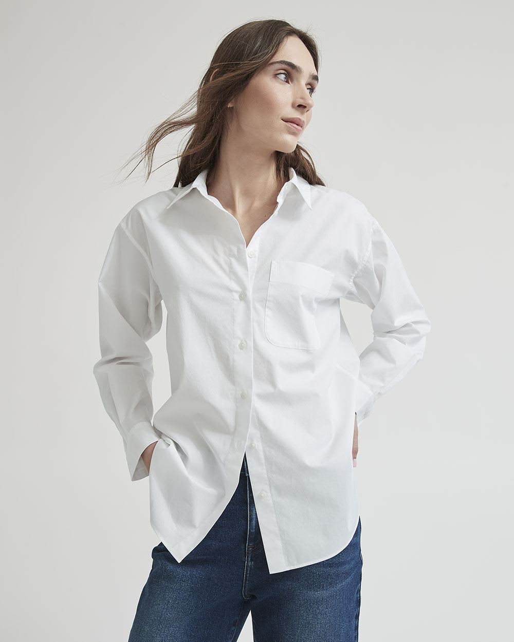 Long-Sleeve Buttoned-Down White Poplin Blouse