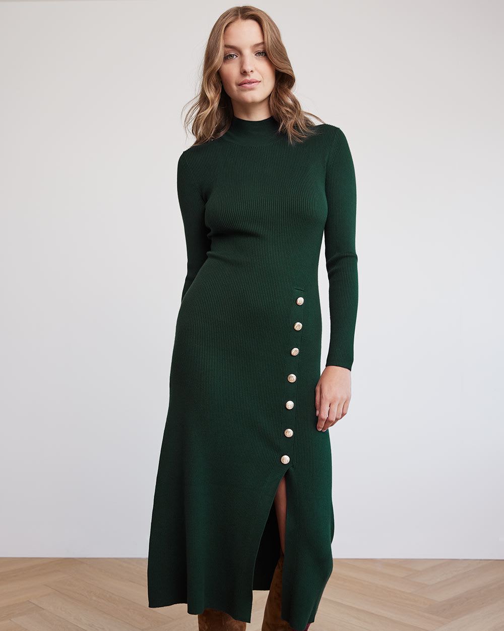 Long-Sleeve Mock-Neck Fitted Midi Dress