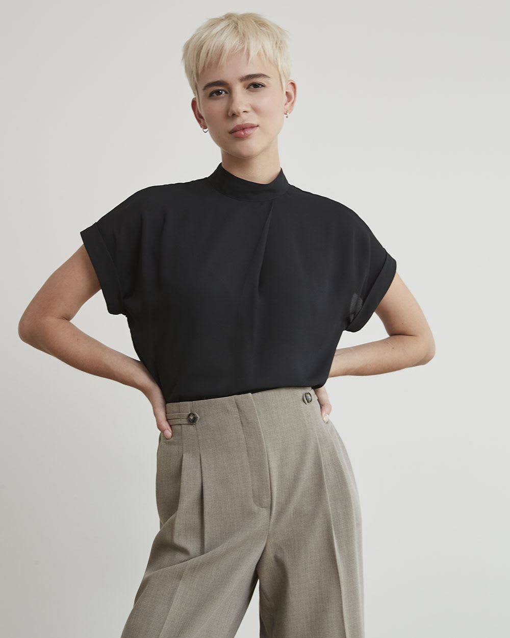Mock-Neck Popover Blouse with Extended Sleeves