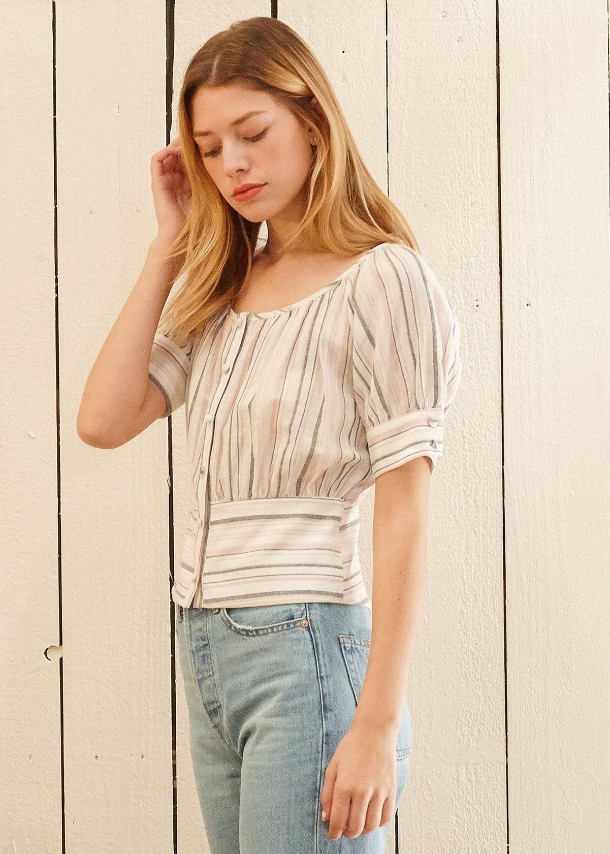 Nurode Multi Striped Puff Sleeve Top