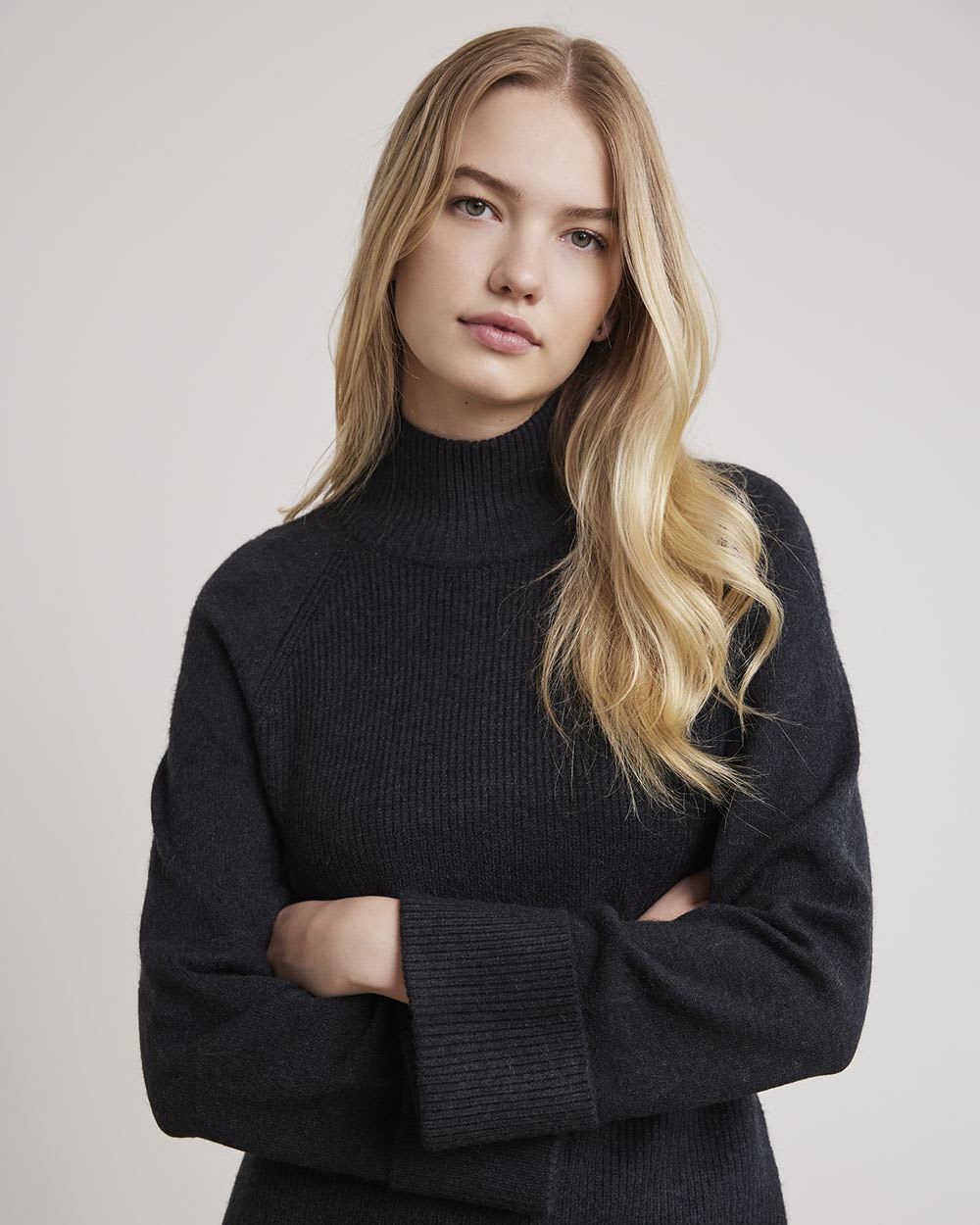 Long-Sleeve Mock-Neck Straight Dress with Ribbed Cuffs