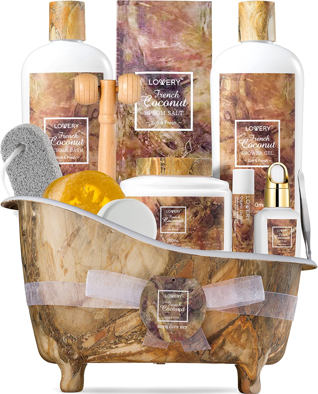 Lovery French Coconut Bath And Body Relaxation Gift Basket, 13 Piece