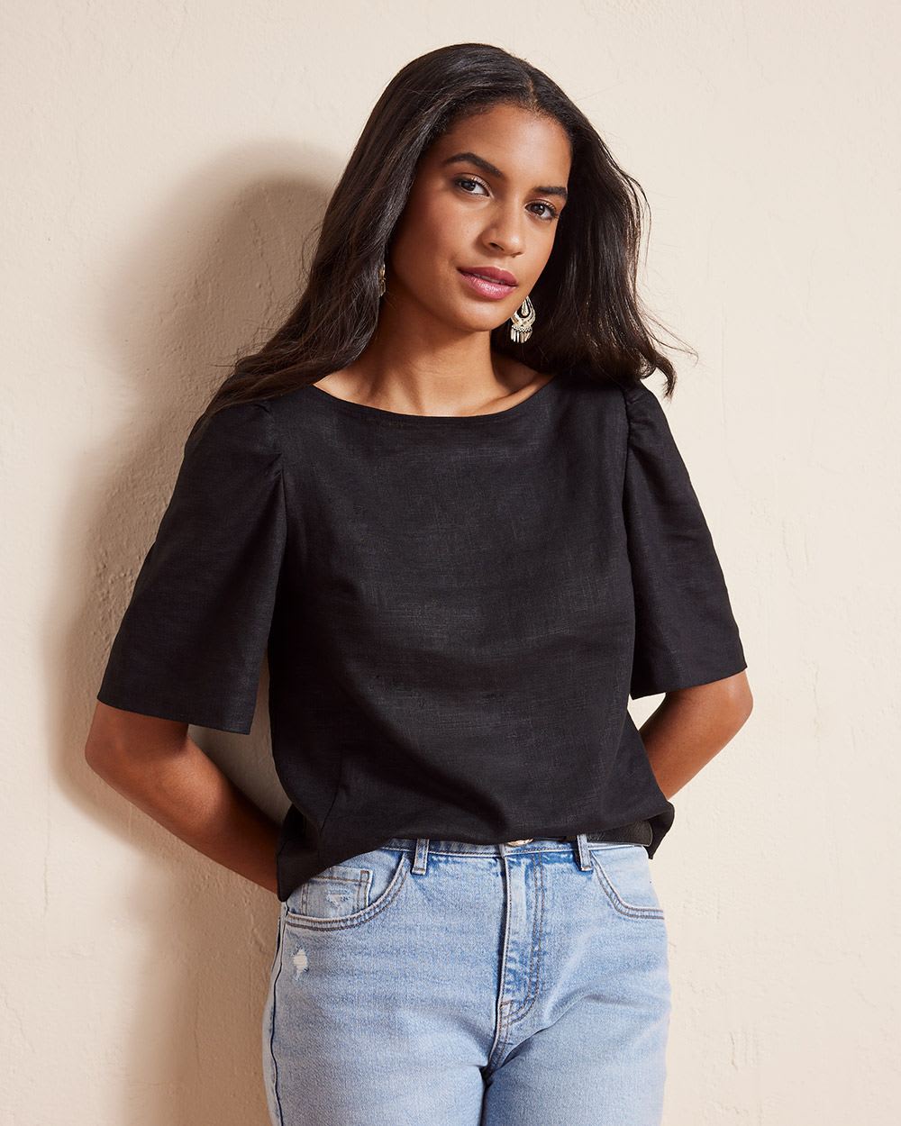 Short-Sleeve Popover Linen Blouse