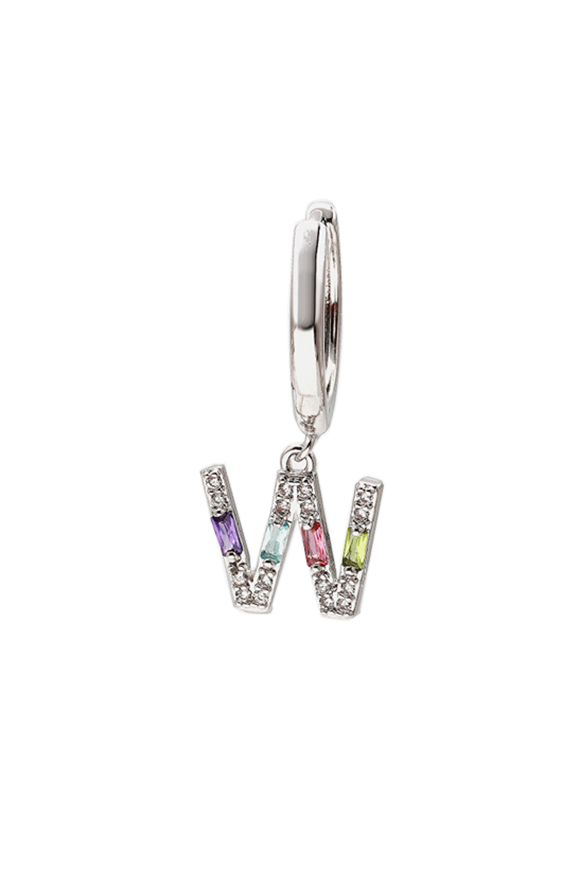 Classicharms-Single Pavé Initial Charm Drop Huggie Hoop Earring-Letter W