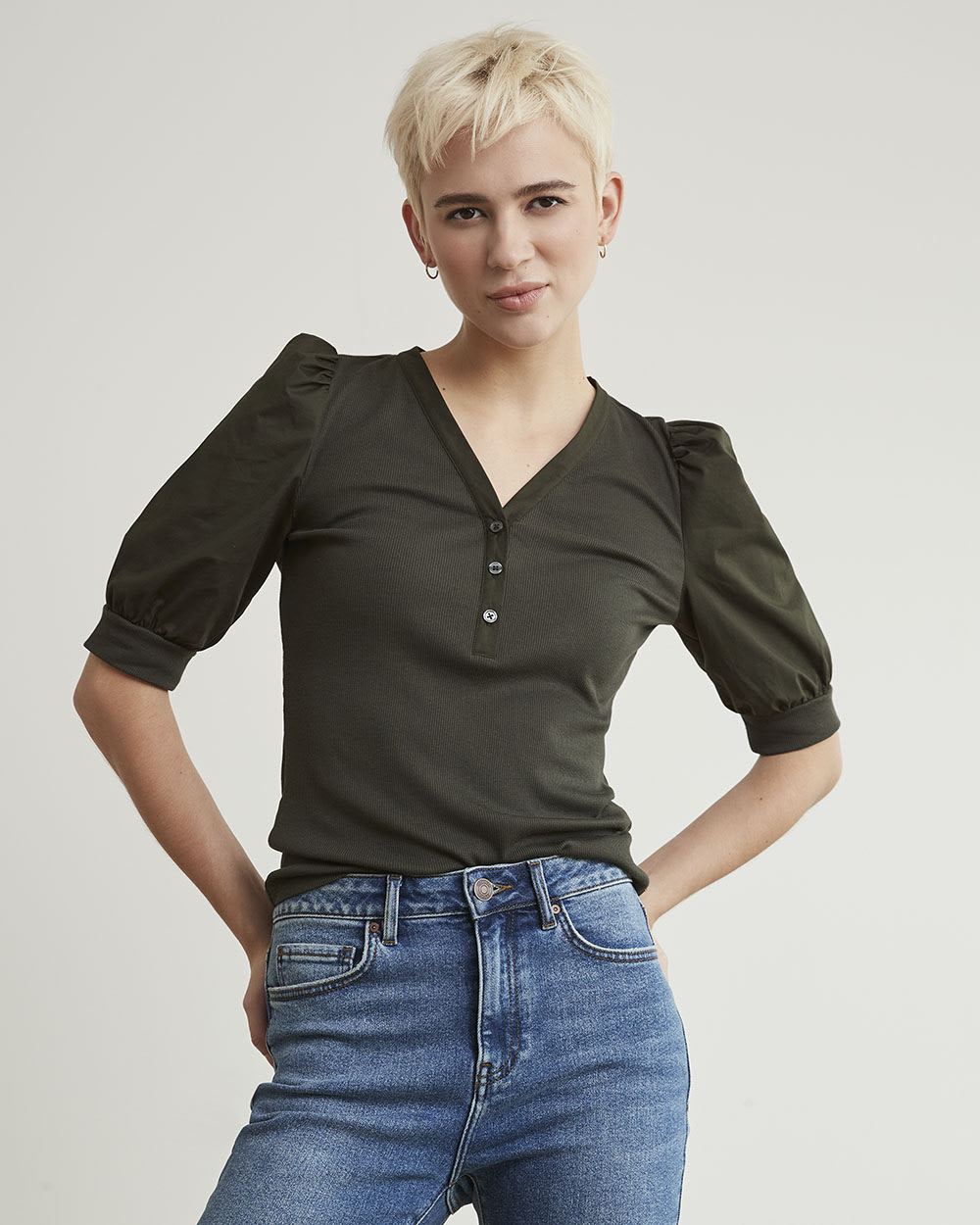 Mix-Media Henley Top with Short Puffy Sleeves