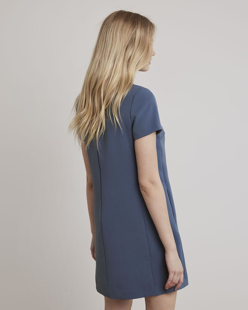 Short-Sleeve Straight Dress with Mock Neckline