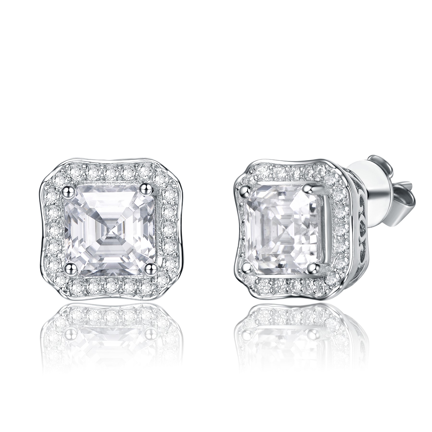 SV Sterling Silver with 2.50ctw Radiant Lab Created Moissanite Halo Vintage Geometric Square Stud Earrings